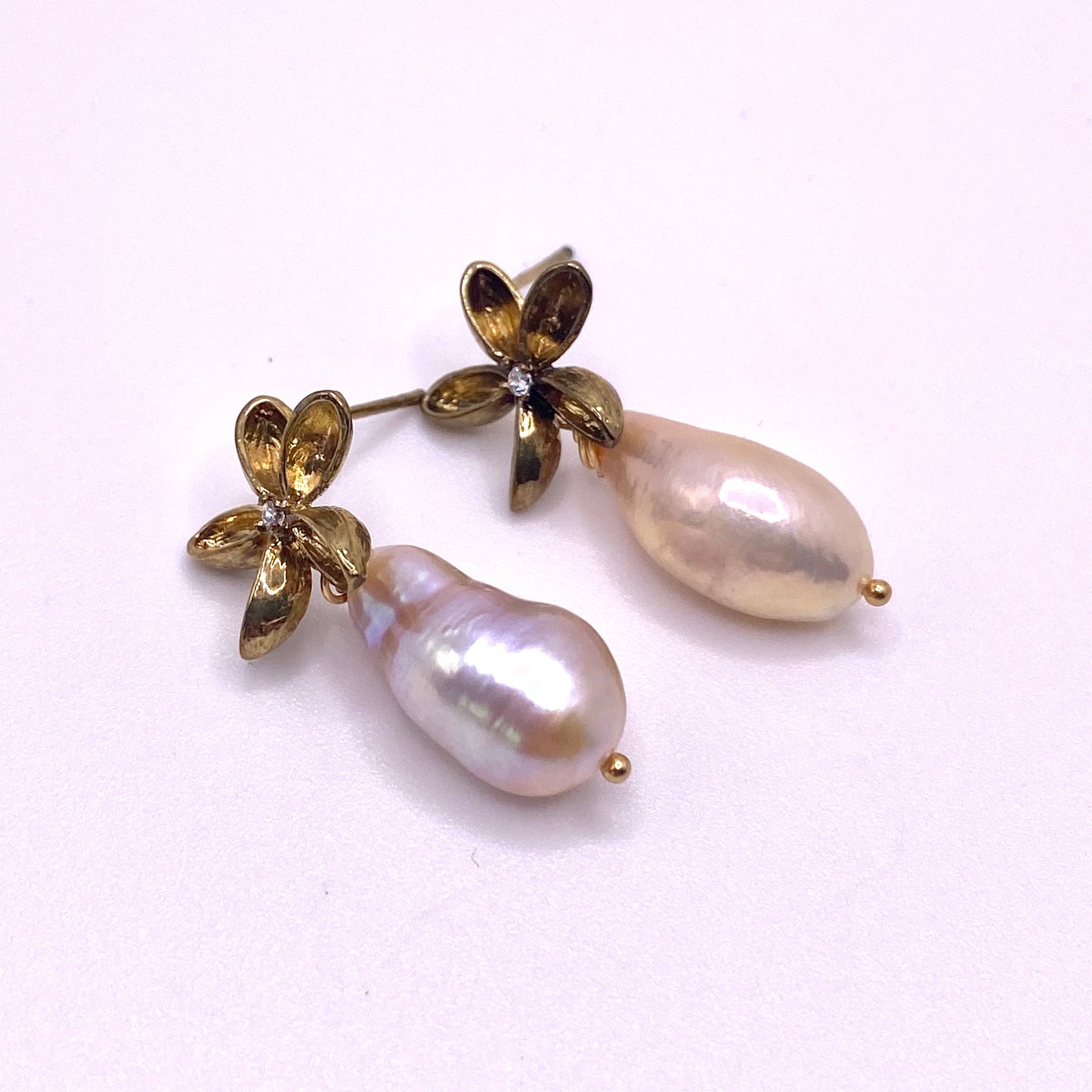Rose Pearl with Gold Flower Earrings