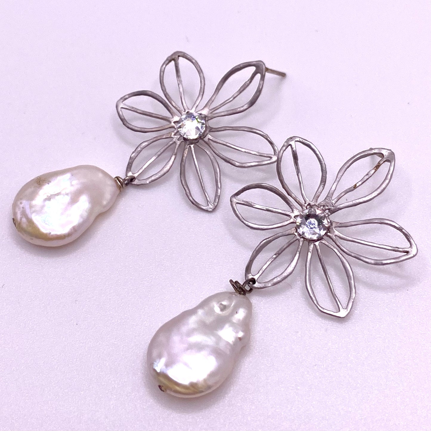 Silver Diamond Flower Pearl Earrings