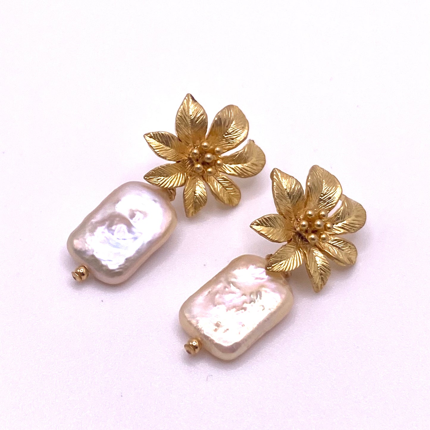 Beige Pearl Gold Flower Earrings
