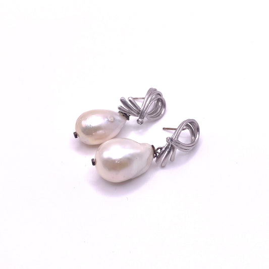 White Pearl Silver Design Earrings