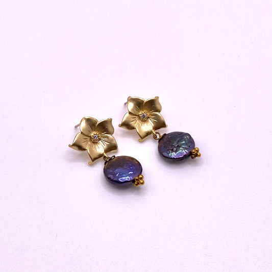 Purple Flat Pearl with Gold Flower Drop Earrings