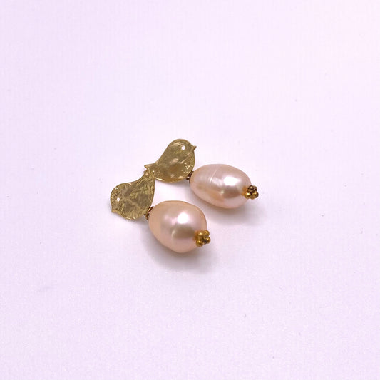 Rose Pearl with Gold Bird Earrings