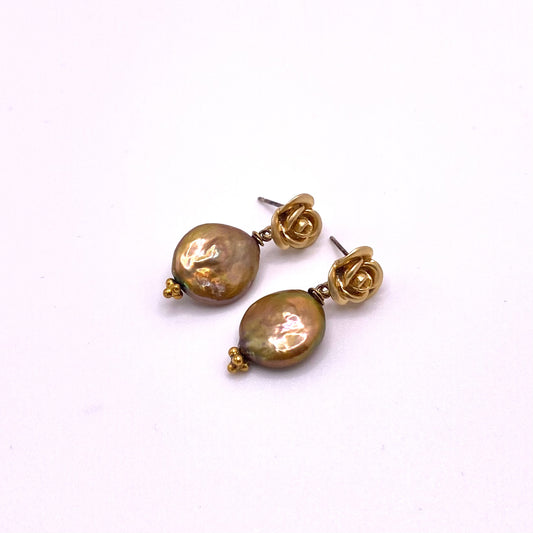 Brown Pearl with Gold Rose Earrings
