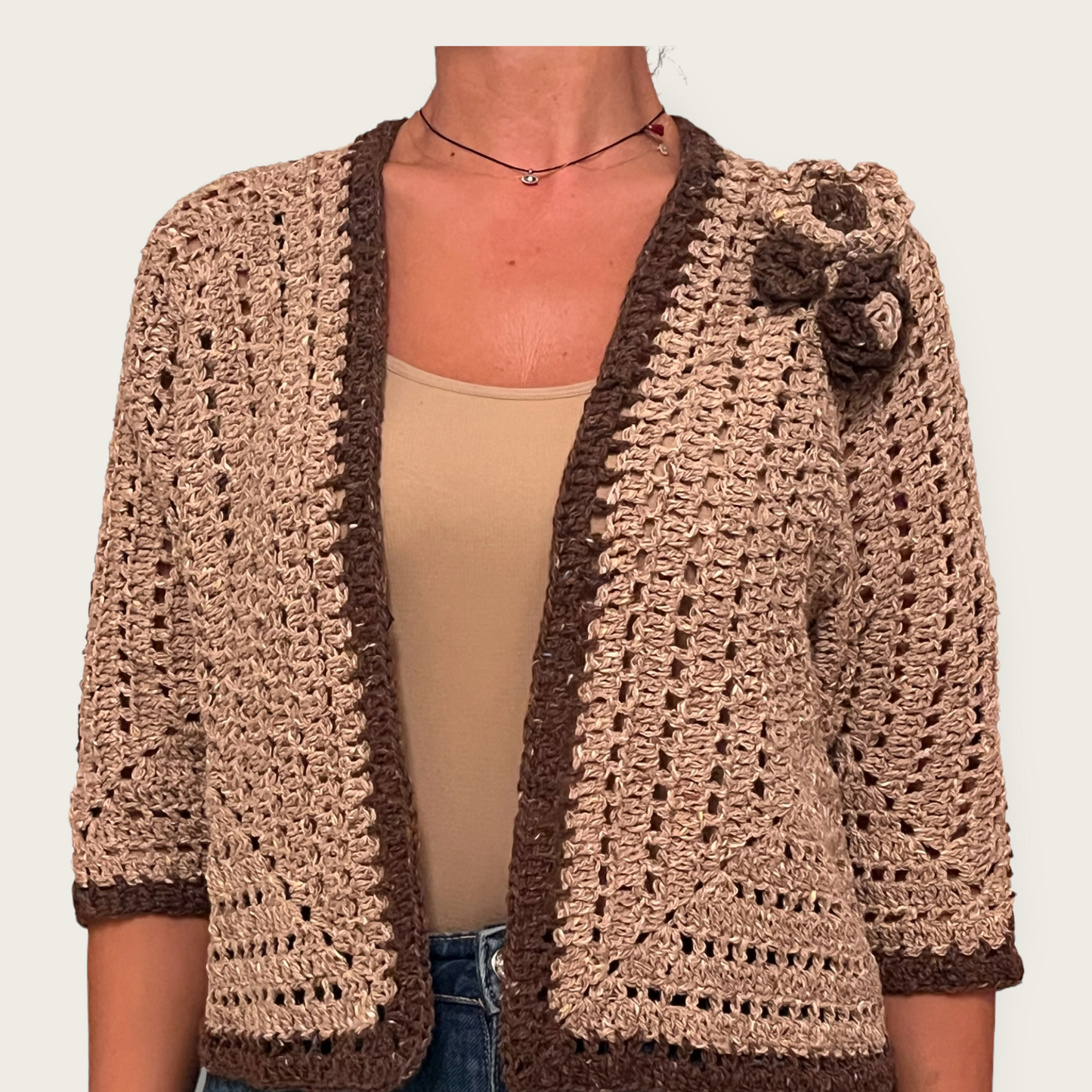 The Contrast Trim Cardigan with Crochet Flowers