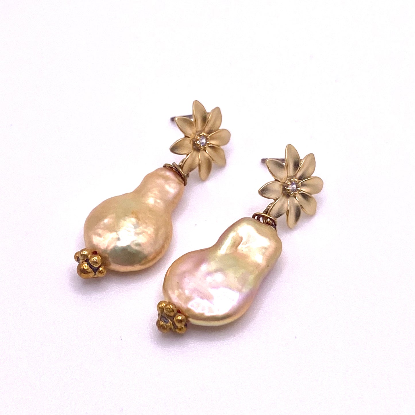 Beige Pearl Gold Flower Drop Earrings