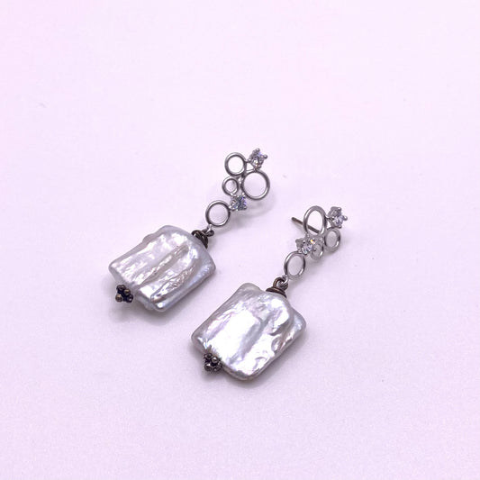 Square Pearl Silver Detail Drop Earrings