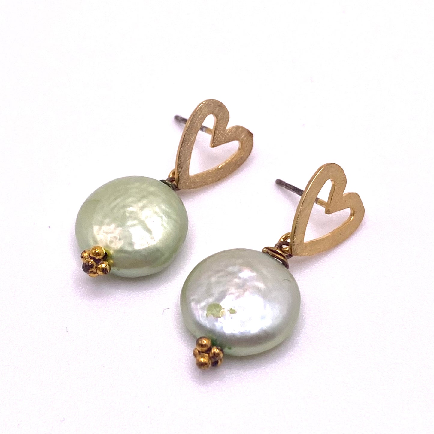 Sage Pearl with Gold Heart Earrings