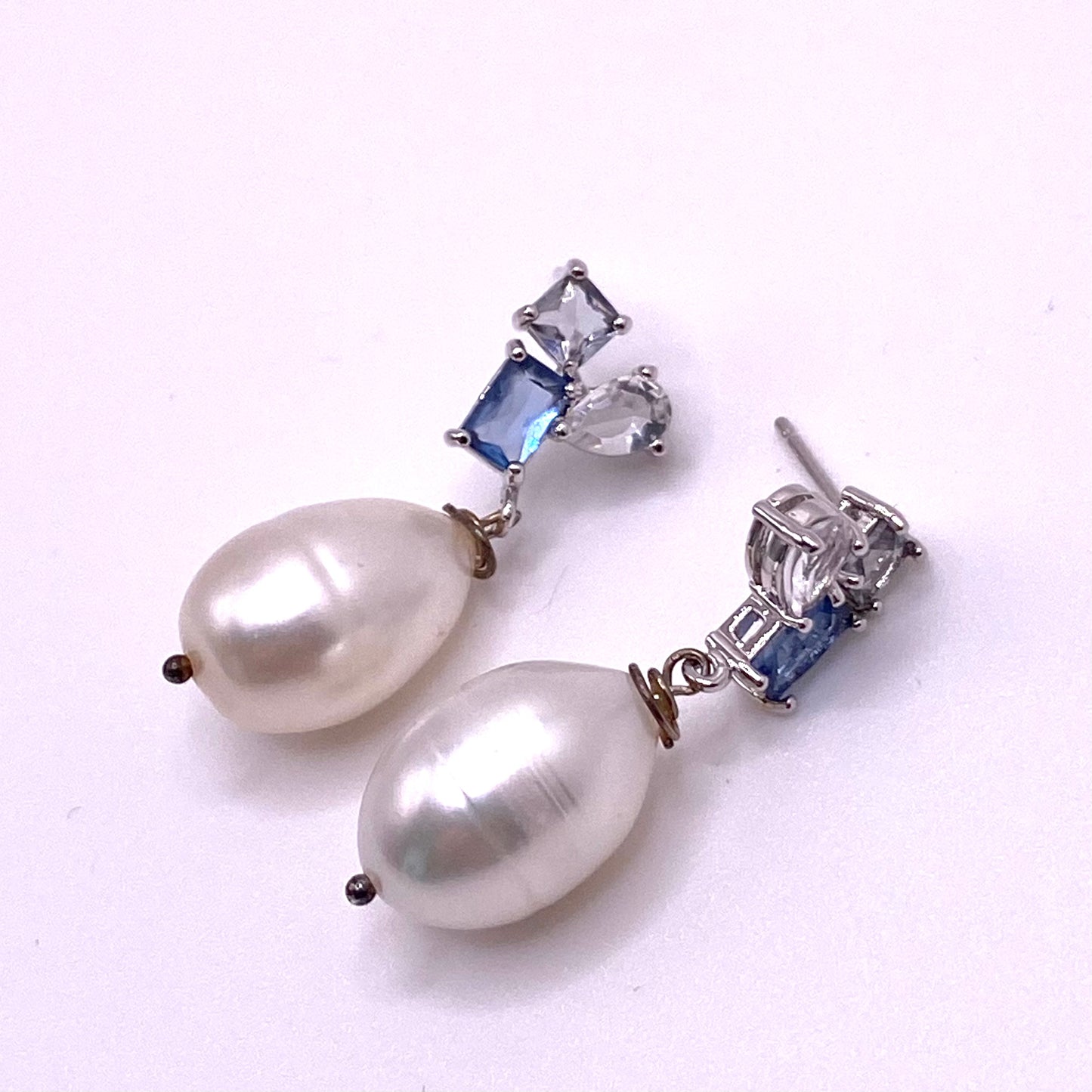 Diamond Blue & White Pearl Earrings