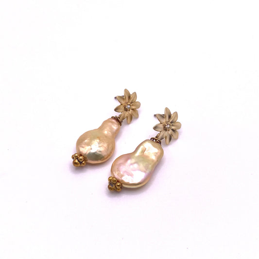 Beige Pearl Gold Flower Drop Earrings