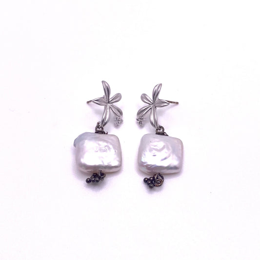 Square Pearl Silver Flower Earrings