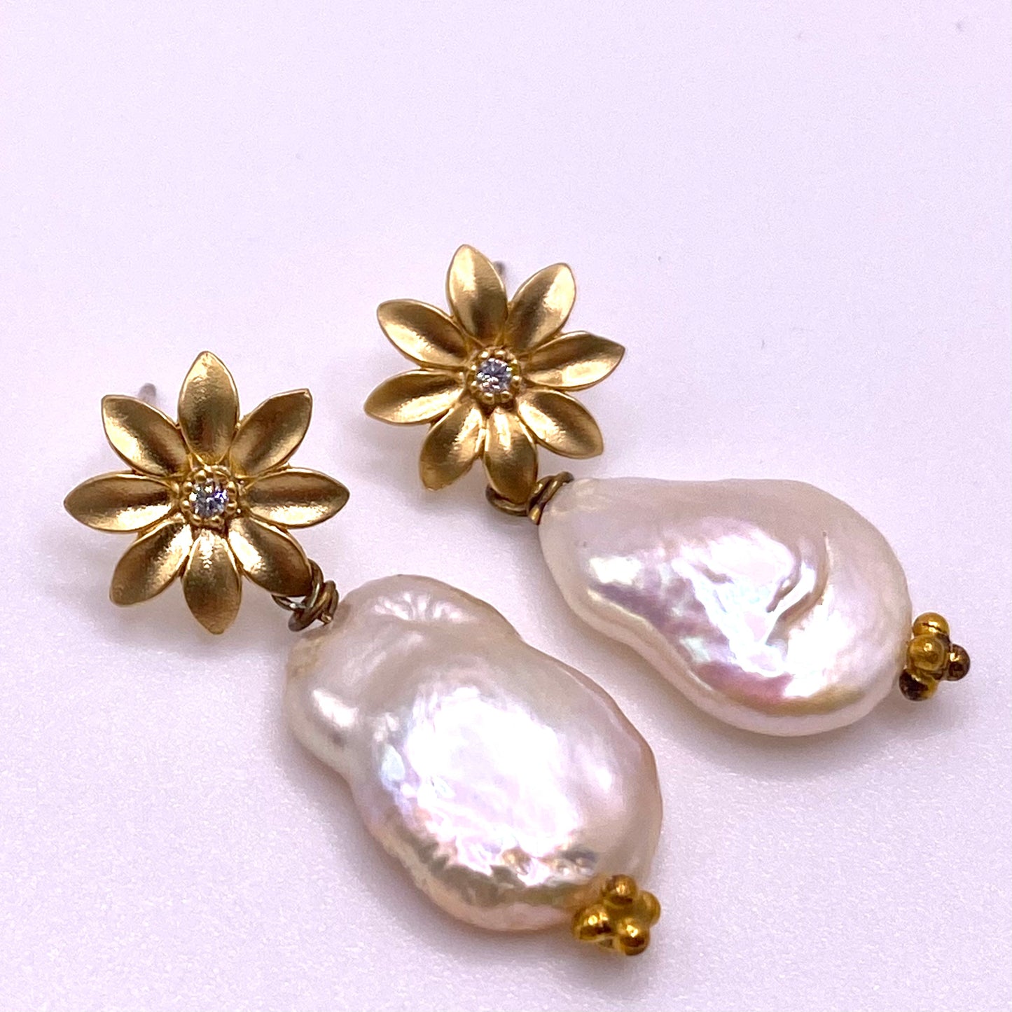 Gold Flower Flat Pearl Drop Earrings