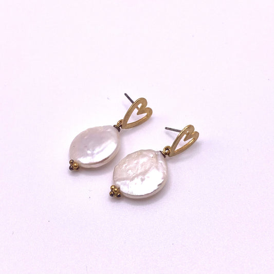 Flat Pearl Gold Heart Earrings