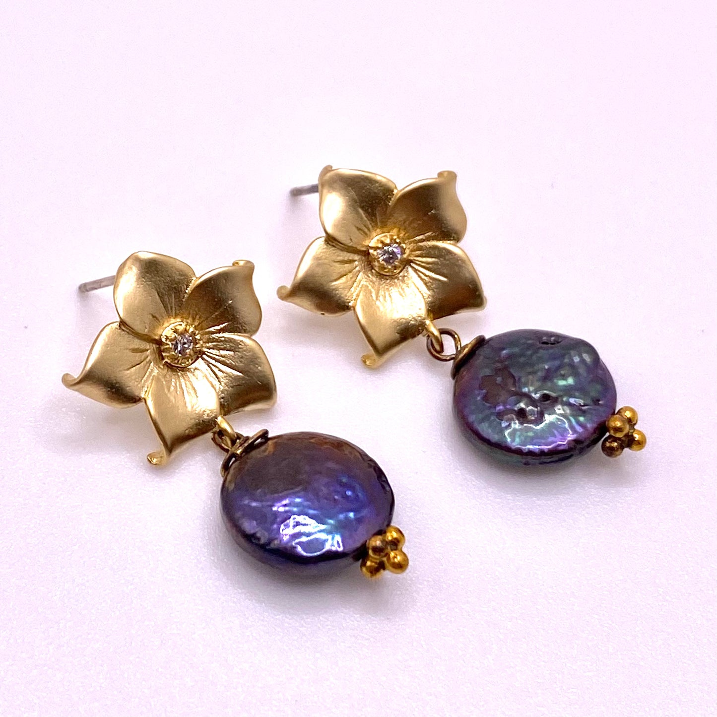 Purple Flat Pearl with Gold Flower Drop Earrings