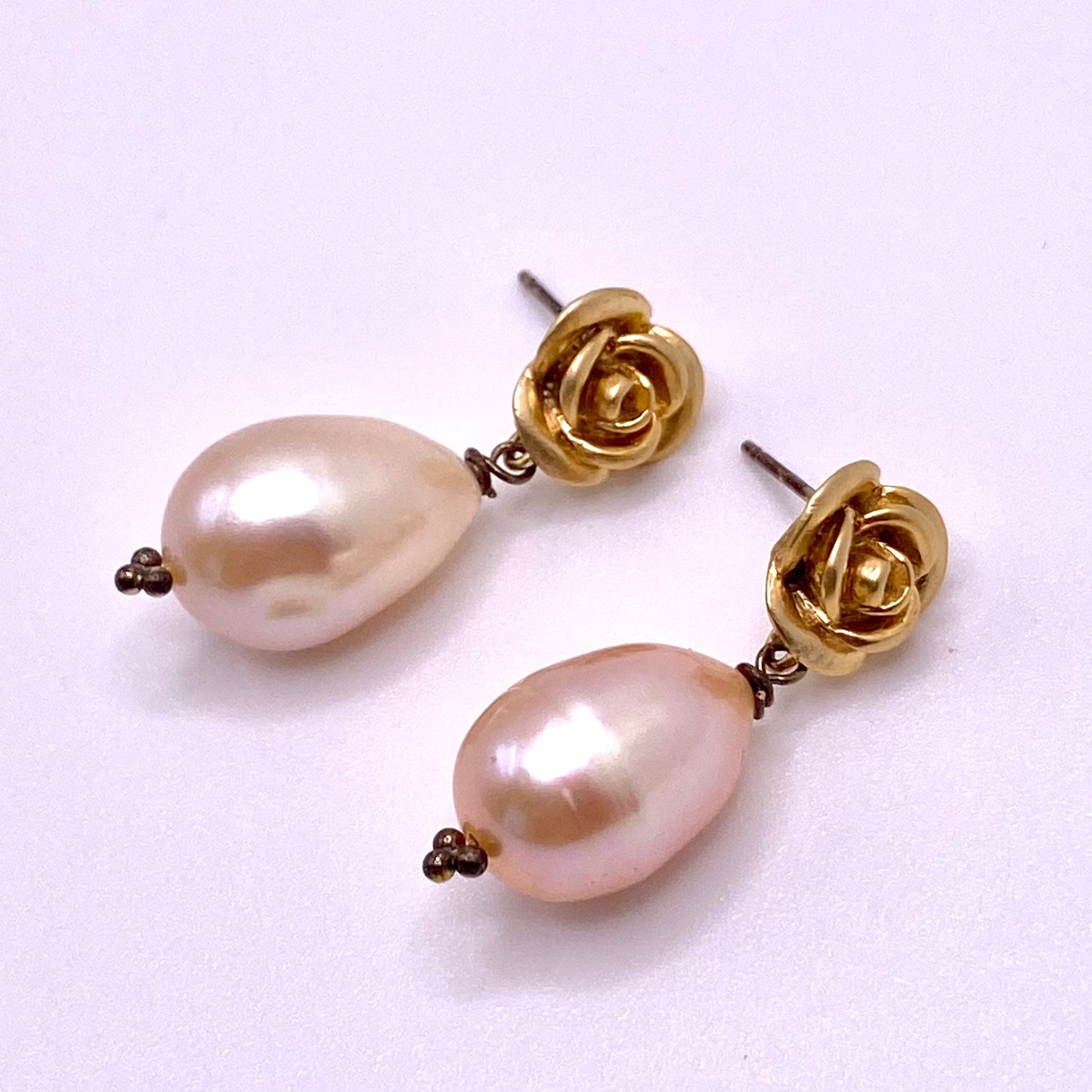 Gold Rose with Pink Pearl Drop Earrings