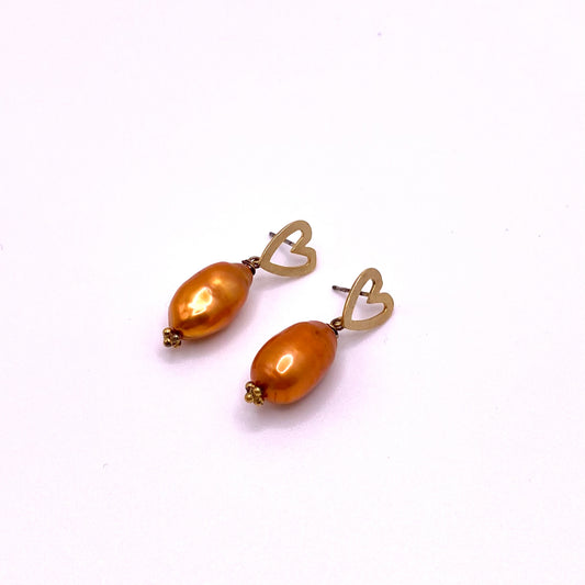 Orange Pearl Heart Drop Earrings