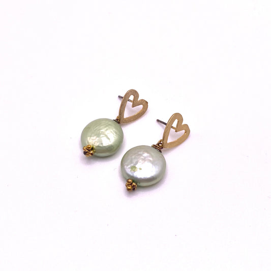 Sage Pearl with Gold Heart Earrings