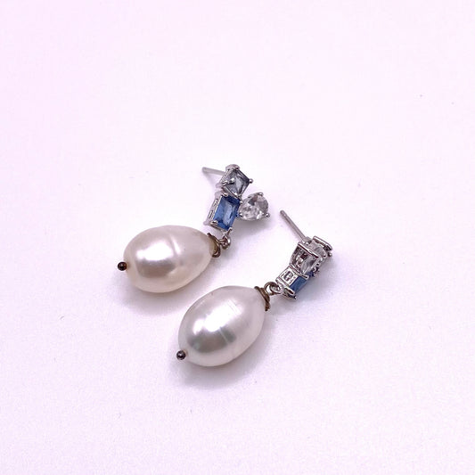 Diamond Blue & White Pearl Earrings