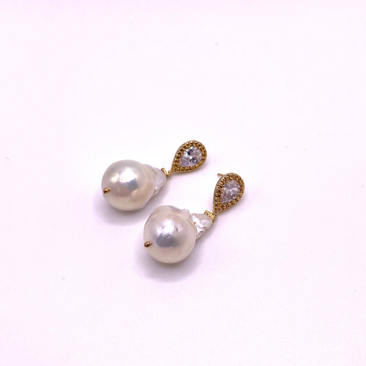 White Pearl & Gold Drop Earrings