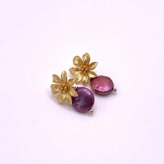 Purple Round Pearl Flower Earrings