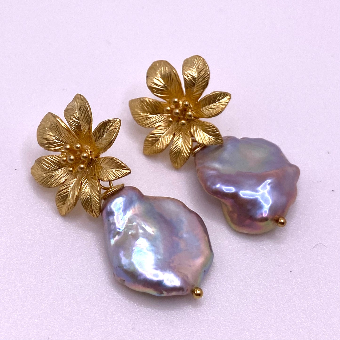 Gold & Purple Pearl Flower Drop Earrings