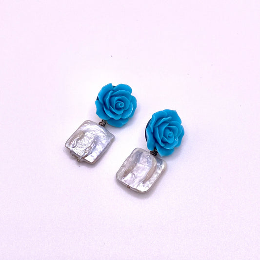 Blue Rose Square Pearl Earrings