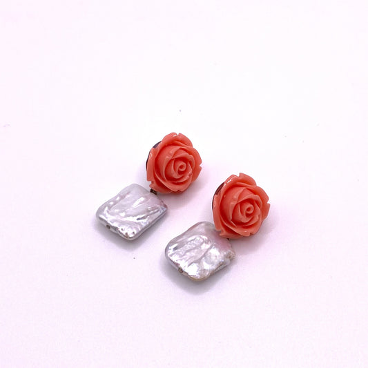Coral Rose Square Pearl Earrings