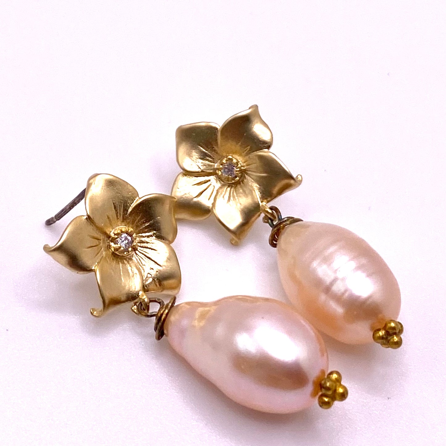Gold Flower with Pink Pearl Drop Earrings