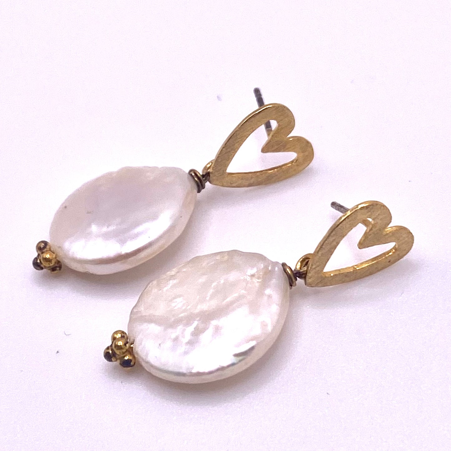 Flat Pearl Gold Heart Earrings