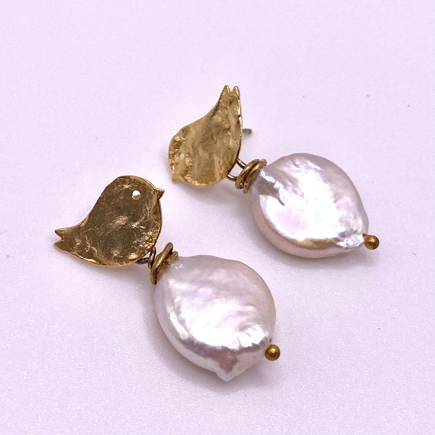 Round Pearl With Gold Bird Drop Earrings
