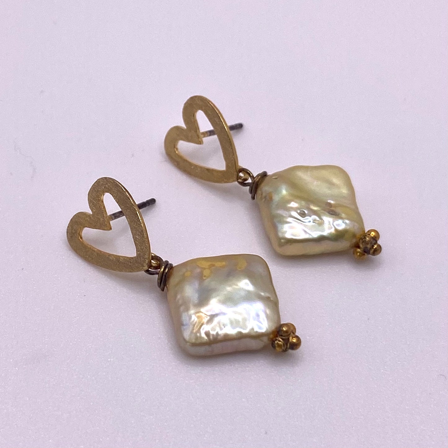 Square Sage Gold Hear Earrings