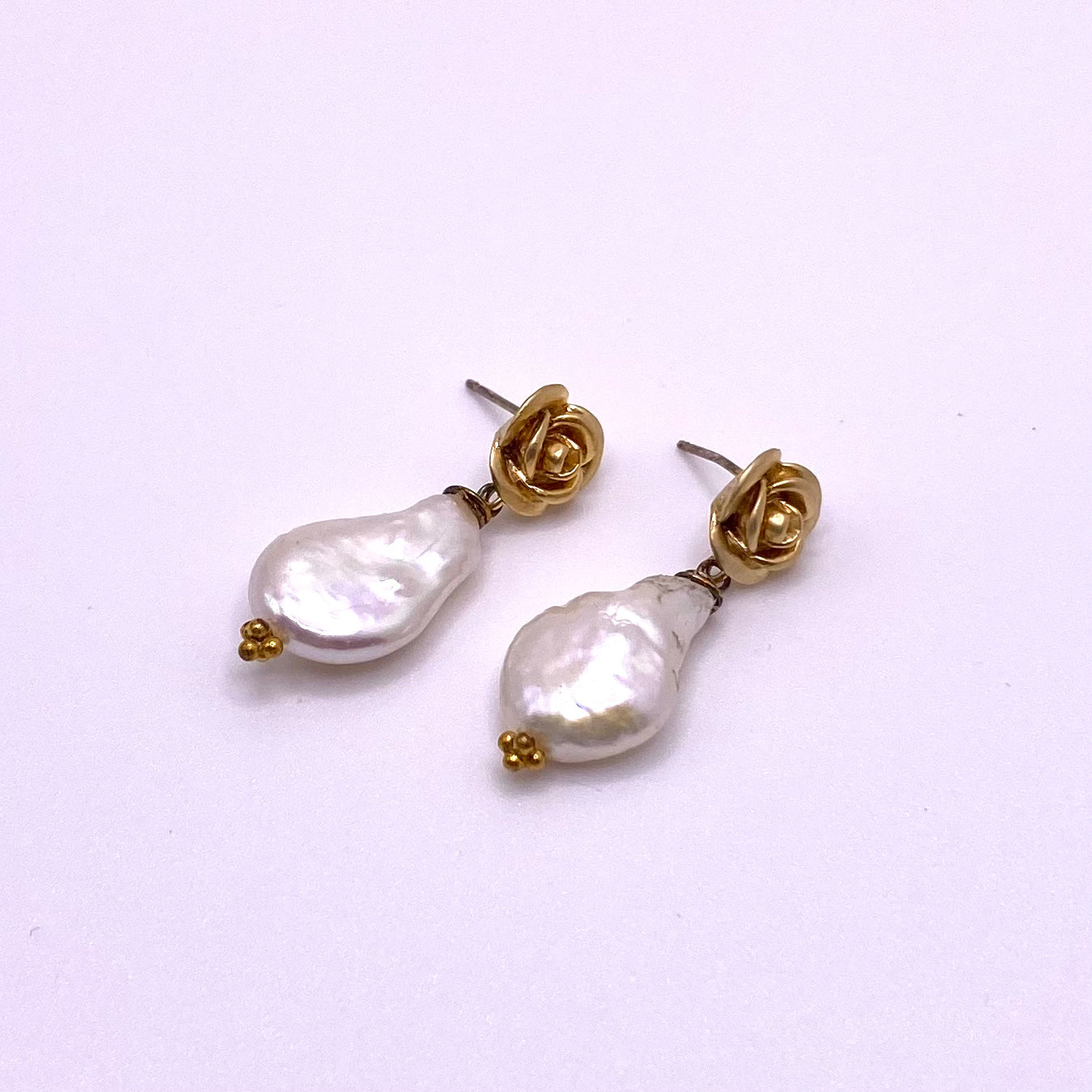 Gold Rose Pearl Drop Earrings
